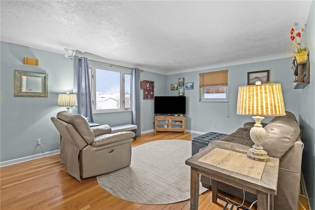 living area with a textured ceiling, baseboards, and wood finished floors