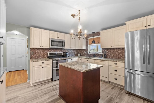 kitchen featuring a sink, light wood-style floors, backsplash, and stainless steel appliances