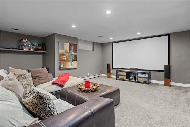 carpeted home theater room with a baseboard heating unit, recessed lighting, and baseboards