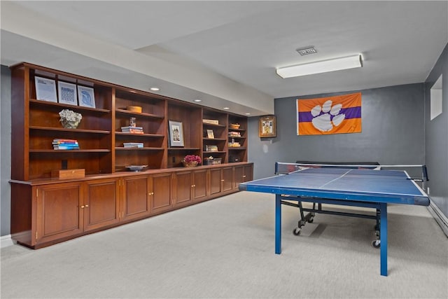 playroom featuring recessed lighting, baseboards, and light carpet