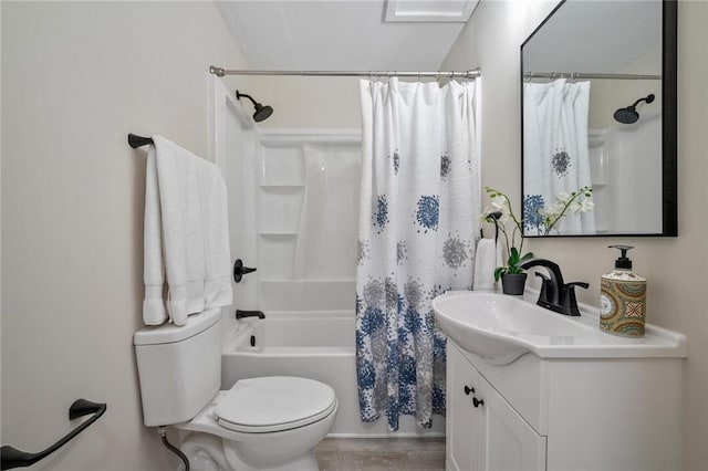 full bath with vanity, wood finished floors, toilet, and shower / bathtub combination with curtain