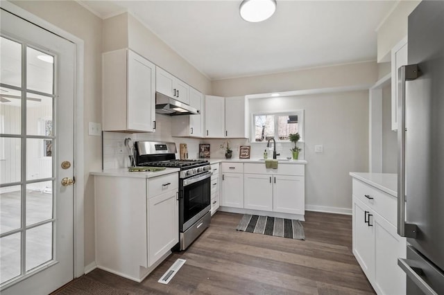 kitchen with under cabinet range hood, a sink, tasteful backsplash, appliances with stainless steel finishes, and light countertops