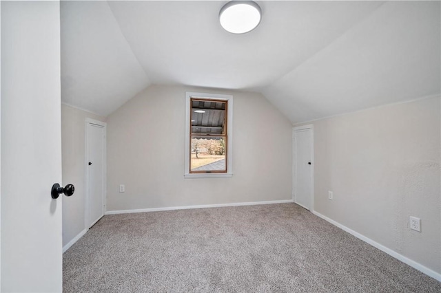 additional living space featuring baseboards, lofted ceiling, and carpet floors