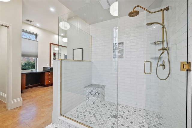 5435 Dunmoyle St, Squirrel Hill, PA 15217 - bathroom with a shower stall, recessed lighting, vanity, tile patterned floors, and baseboards