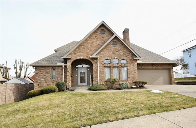 view of front of property with brick siding, an attached garage, concrete driveway, and a chimney