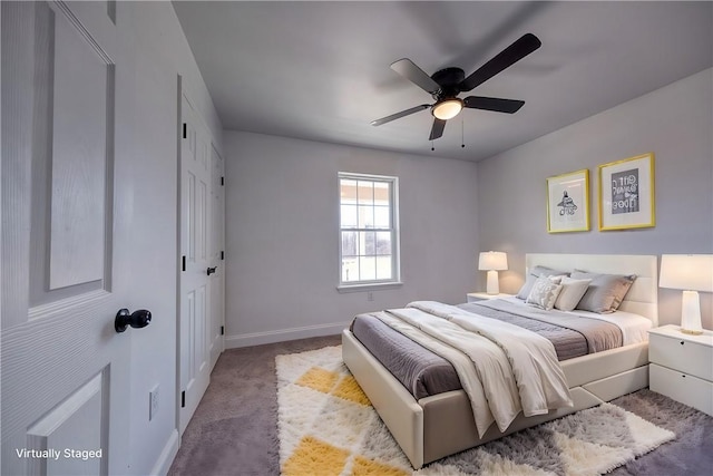 bedroom featuring a ceiling fan, baseboards, and carpet floors