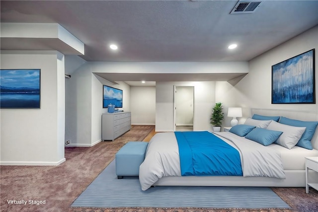 bedroom featuring recessed lighting, carpet flooring, baseboards, and visible vents