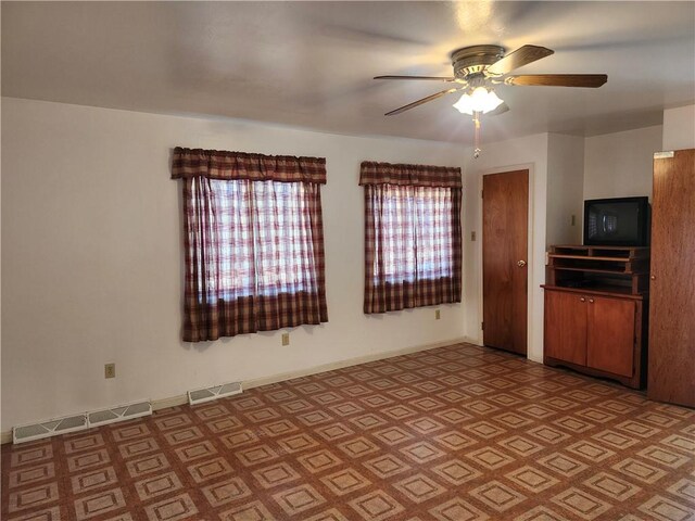 kitchen with baseboards, visible vents, and ceiling fan