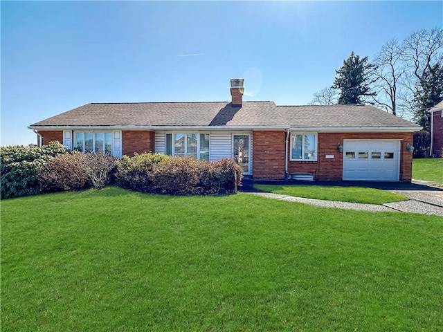 ranch-style house featuring brick siding, a front lawn, a chimney, a garage, and driveway