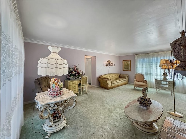 carpeted living room featuring baseboards and crown molding