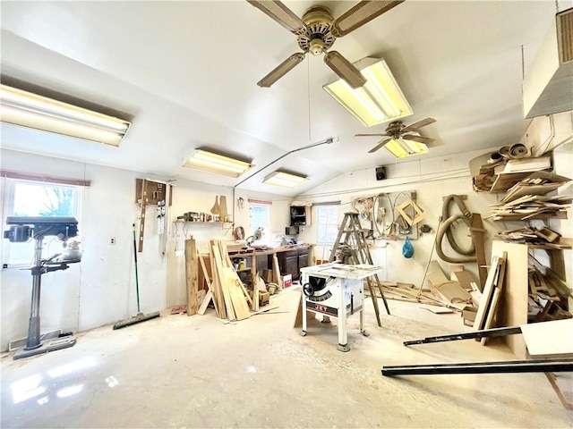 miscellaneous room featuring lofted ceiling, a workshop area, a wealth of natural light, and ceiling fan