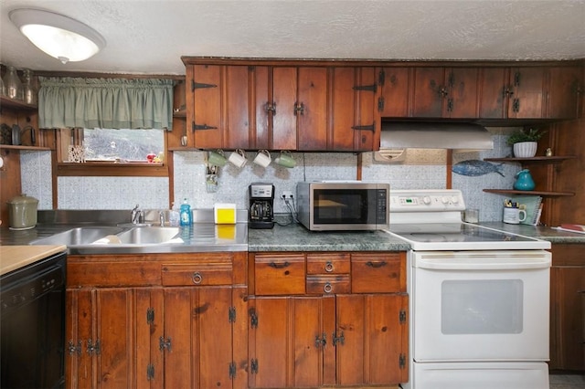 kitchen with stainless steel microwave, white electric stove, and open shelves