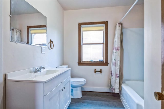 bathroom with vanity, wood finished floors, toilet, and a healthy amount of sunlight