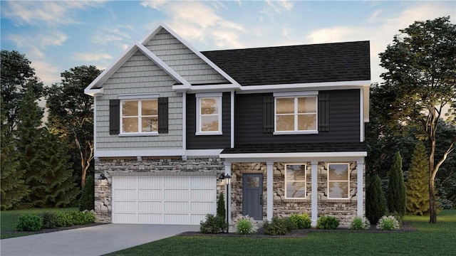 view of front of home featuring stone siding, roof with shingles, concrete driveway, and an attached garage