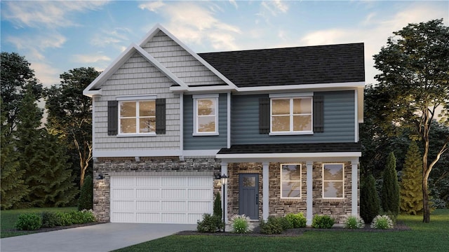 view of front of house featuring a garage, stone siding, concrete driveway, and a shingled roof