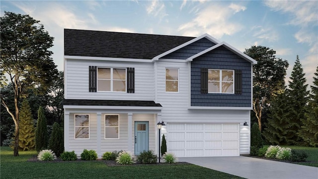 view of front facade with a front lawn, an attached garage, roof with shingles, and driveway