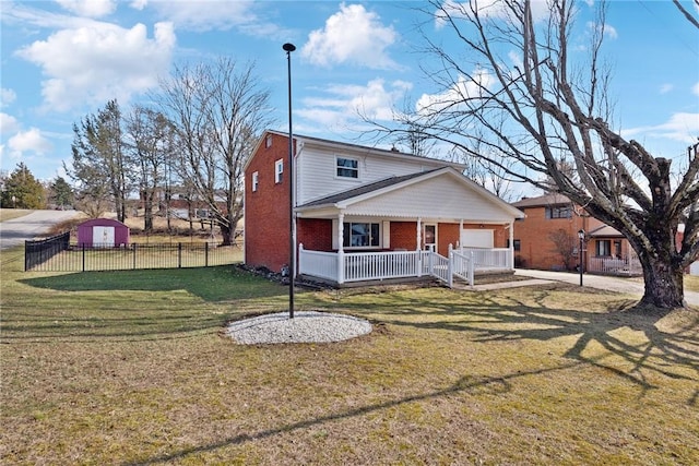 view of front of house featuring brick siding, covered porch, a front lawn, and fence