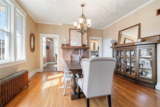 dining space with baseboards, light wood-style flooring, radiator heating unit, and crown molding