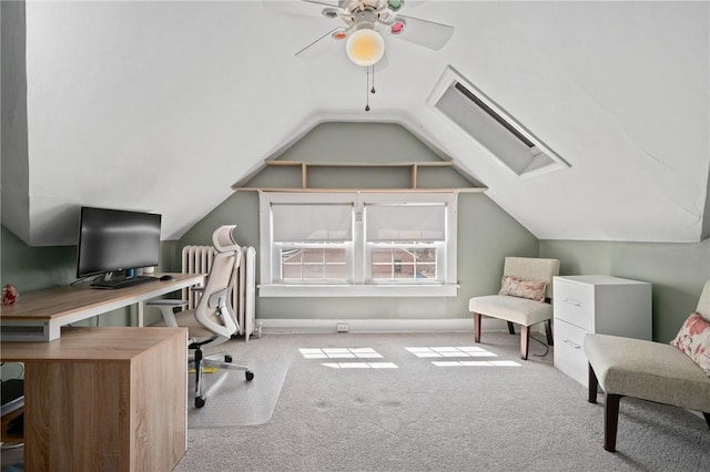 office area with lofted ceiling, carpet floors, and ceiling fan