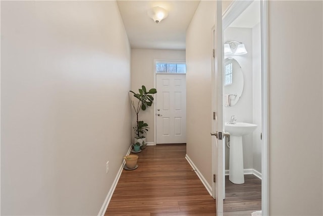 entryway with baseboards and wood finished floors