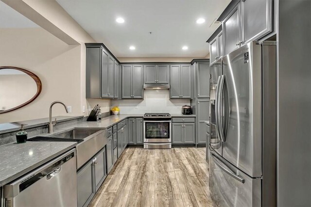 kitchen featuring light wood-type flooring, gray cabinets, under cabinet range hood, a sink, and appliances with stainless steel finishes