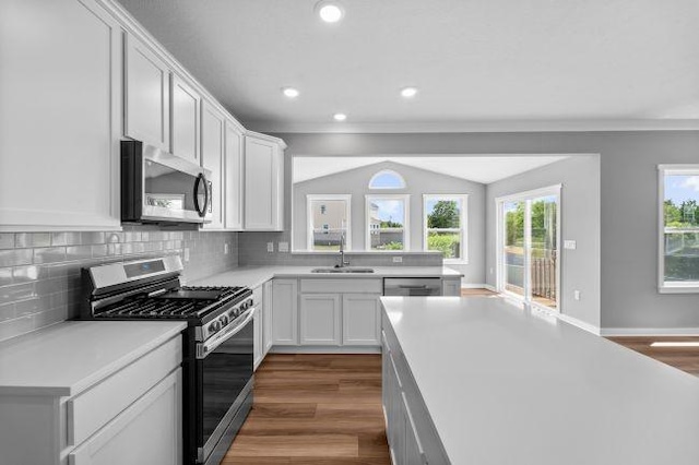 kitchen featuring a sink, stainless steel appliances, dark wood-type flooring, light countertops, and tasteful backsplash