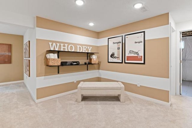 living area with recessed lighting, baseboards, and carpet floors