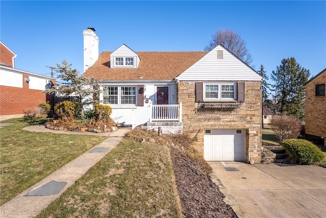 view of front facade featuring stone siding, a chimney, a garage, a front yard, and driveway