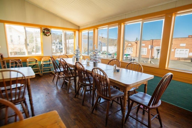 dining room featuring lofted ceiling, plenty of natural light, and wood finished floors