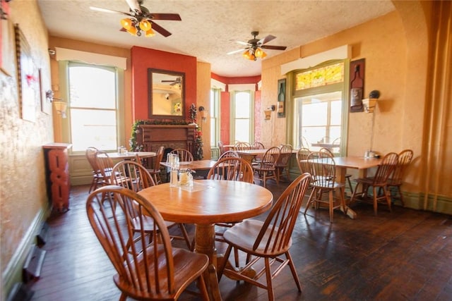 dining room featuring a healthy amount of sunlight, a fireplace, and hardwood / wood-style floors