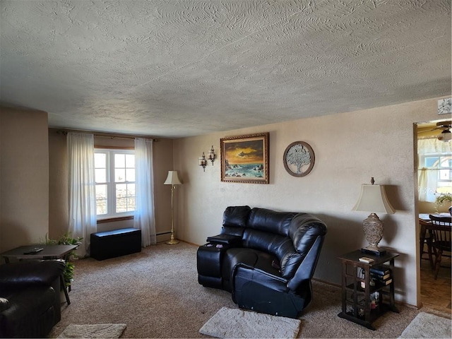 living room with baseboard heating, carpet, a textured wall, and a textured ceiling