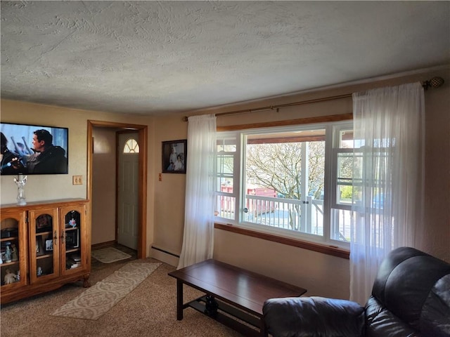 carpeted living room featuring a baseboard heating unit and a textured ceiling