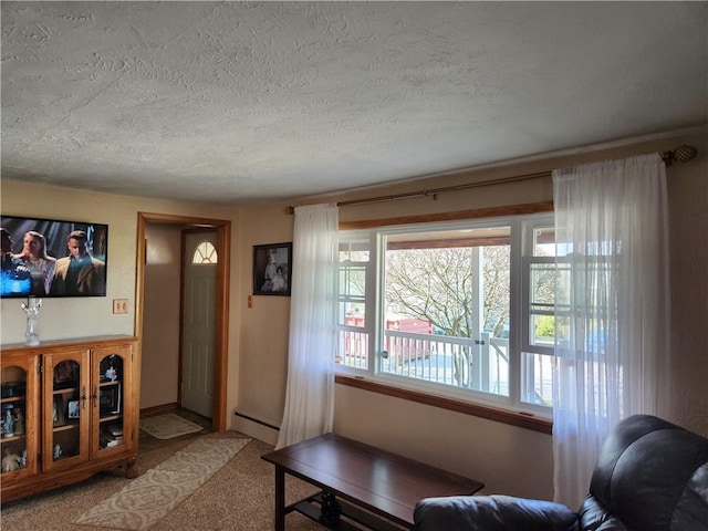 living area with baseboard heating, plenty of natural light, a textured ceiling, and carpet floors