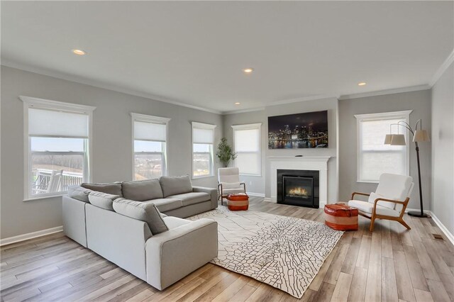 living area featuring a wealth of natural light, a glass covered fireplace, and light wood finished floors