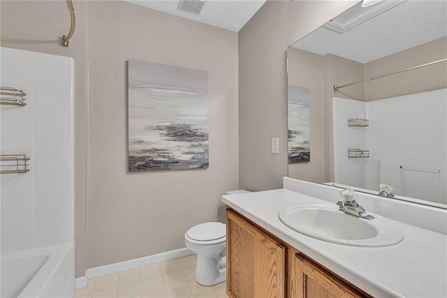 full bath with vanity, baseboards, visible vents, shower / bath combination, and toilet