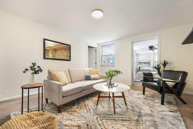 carpeted living area with baseboards, a textured ceiling, and a textured wall