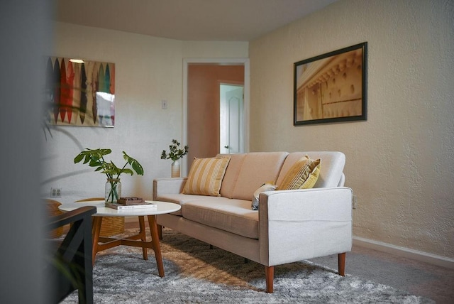 carpeted living room with a textured wall and baseboards