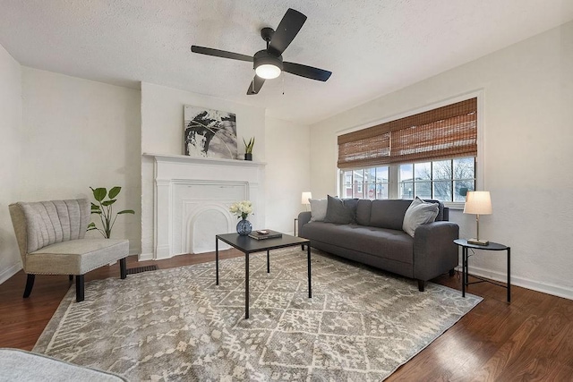 living area featuring baseboards, wood finished floors, and a fireplace