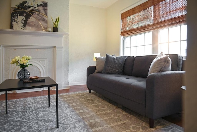 living room featuring baseboards, wood finished floors, and a textured wall