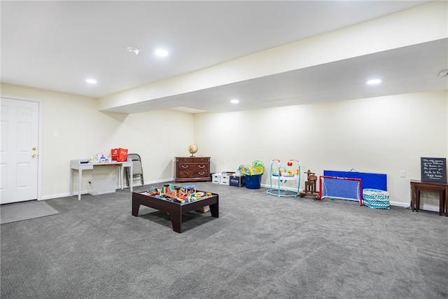 playroom featuring recessed lighting, baseboards, and carpet flooring