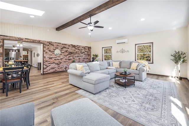 living room featuring light wood-type flooring, an AC wall unit, brick wall, and vaulted ceiling with beams