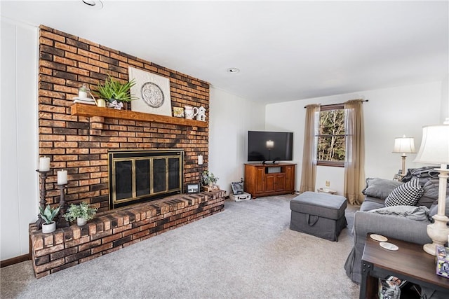 carpeted living area featuring a fireplace