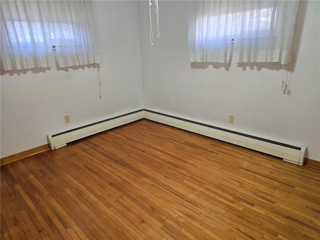 empty room with hardwood / wood-style flooring, baseboards, and a baseboard radiator