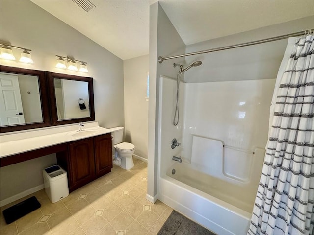 full bathroom with tile patterned flooring, visible vents, toilet, vaulted ceiling, and vanity