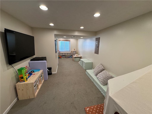 game room featuring electric panel, baseboards, carpet, and recessed lighting