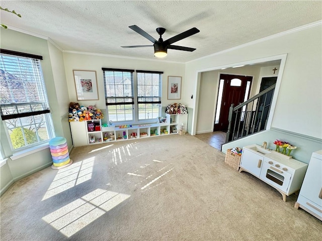 recreation room featuring a textured ceiling, crown molding, and carpet