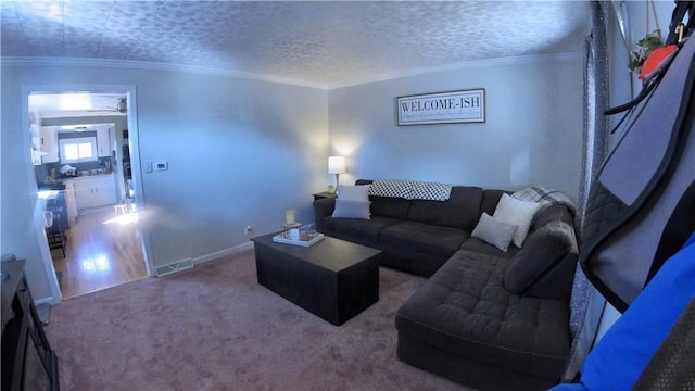 carpeted living room featuring a ceiling fan, baseboards, visible vents, ornamental molding, and a textured ceiling