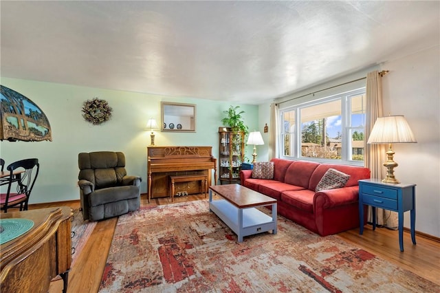 living room with baseboards and wood finished floors