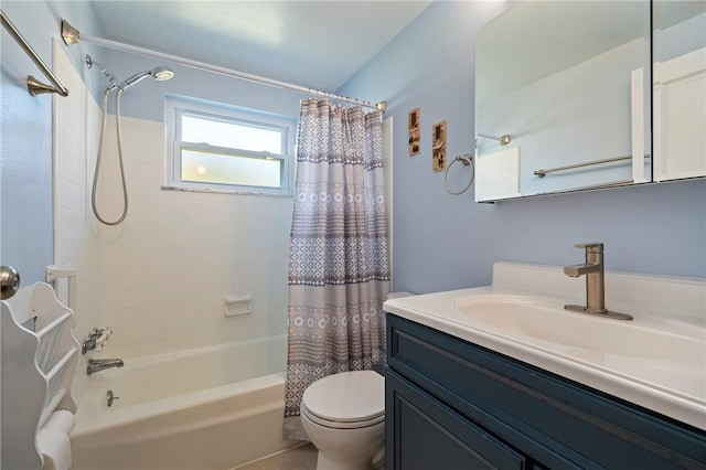 full bathroom with vanity, toilet, and shower / tub combo with curtain