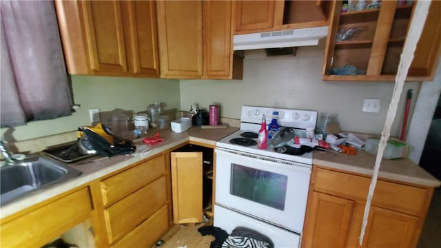 kitchen with light countertops, electric range, under cabinet range hood, and a sink